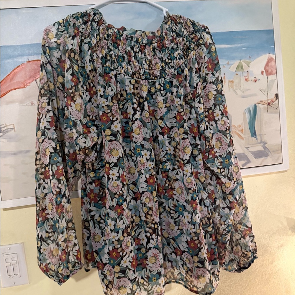 Floral Smocked Neck Long-Sleeve Blouse - Black Multi